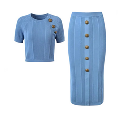 Gold Button Short Sleeve Knit Top + Pencil Skirt