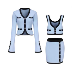 Vintage Long Sleeve Cardigan + Vest + Mini Skirt Set