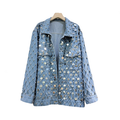 Diamond Shaped Rhinestone Sequin Old Blue Denim Jacket