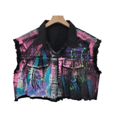 Hand-Painted Graffiti Short Denim Vest
