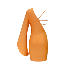 Flower Sequin One Shoulder Flared Long Sleeved Bandage Dress