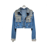 Spliced Diamond Tassel Long Sleeved Denim Jacket