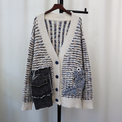 Striped V-Neck Animal Loose Knitted Cardigan