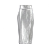 Shiny Silver PU Leather High Waist Front Slit Skirt