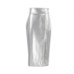 Shiny Silver PU Leather High Waist Front Slit Skirt
