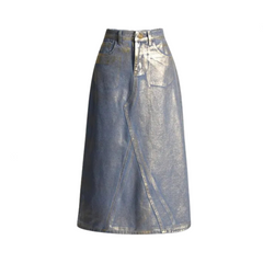 Patchwork Mid Rise A-Line Denim Skirt