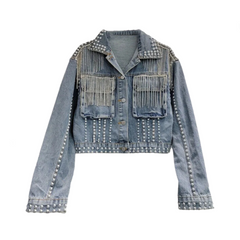 3D Workwear Pocket Rivet Studded Diamond Tassel Denim Jacket