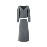 Gray V-Neck Knitted Pullover + Skirt Set