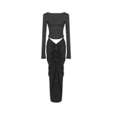 Pre Order: Black Long Sleeved Backless Top + Pleated Elastic Slim Fit Skirt