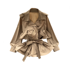 Solid V-Neck Pleated Long Sleeve Top