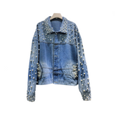 Full Pearl Long Sleeve Washed Denim Jacket