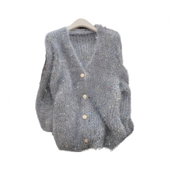 Silver Thread V-Neck Oversized Knitted Cardigan