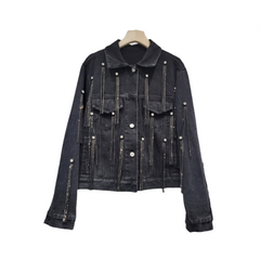 Diamond Tassel Long Sleeve Black Denim Jacket