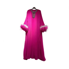 Round Neck Nail Bead Feather Cuffs Pleated Dress