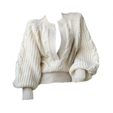 Low V-Neck Loose Balloon Sleeved Knit Sweater