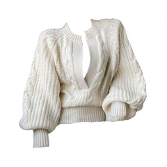 Low V-Neck Loose Balloon Sleeved Knit Sweater