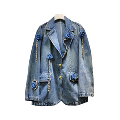 3D Flower Patchwork Gold Chain Washed Denim Jacket