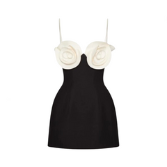 White 3D Flower A-Line Black Party Dress