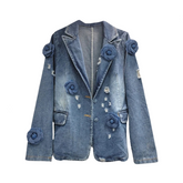 Vintage Spliced Flower Loose Denim Jacket