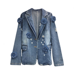 Vintage Spliced Flower Loose Denim Jacket