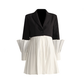 Lantern Sleeved Pleated Contrast Mini Coat Dress