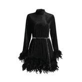 Solid Patchwork Feather Long Sleeve High Waist Dress