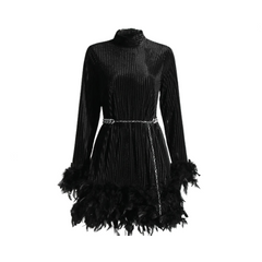 Solid Patchwork Feather Long Sleeve High Waist Dress