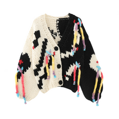 Handmade Needle Hook Tassel V-Neck Thickened Knit Cardigan