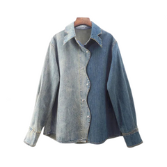 Casual Color Block Big Size Long Sleeve Denim Shirt