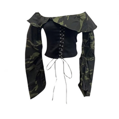 Off Shoulder Camouflage Patchwork Shirt