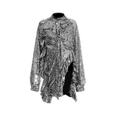 Shiny Sequined Ruffle Edge Long Sleeve Blouse