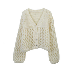 V-Neck Long Sleeve Hollow Out Loose Knitted Cardigan