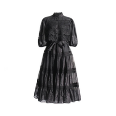 Solid Embroidery High Waist Spliced Lace Up Dress