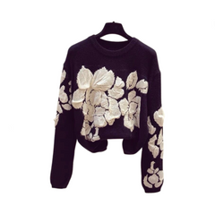Embroidery Flower Round Neck Knitted Sweater