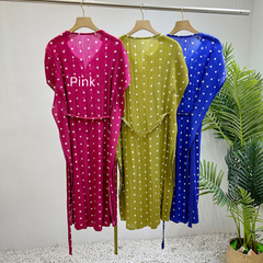 Pleated Polka Dot Cinched Waist Midi Dress