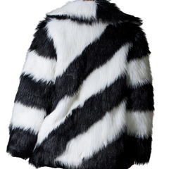 Patchwork Striped Long Sleeved Faux Fur Coat