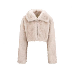 Faux Fur Beige with Collar Short Jacket