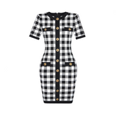 Plaid Short Sleeved Bodycon Knitted Dress