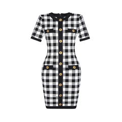 Plaid Short Sleeved Bodycon Knitted Dress