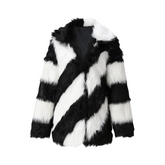 Patchwork Striped Long Sleeved Faux Fur Coat
