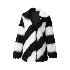 Patchwork Striped Long Sleeved Faux Fur Coat