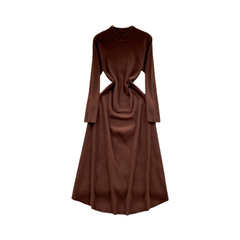 Woolen Waist Cinching Long Sleeved Knitted Dress