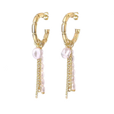 Vintage Pearl Pendant Zircon Fringe Earrings