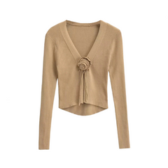 V-Neck Chest Rose Long Sleeved Knitted Cardigan