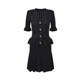 Solid V-Neck Diamond Buckle Ruffle Edge Knit Dress