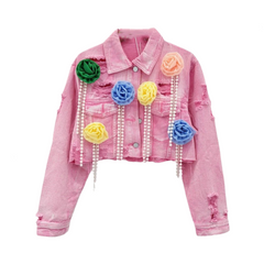 Spliced Colorful Flower Diamond Tassel Denim Jacket
