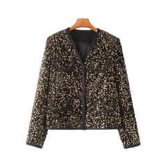 Round Neck Long Sleeved Sequined Short Jacket
