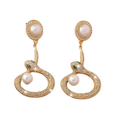 Snake Shaped Pearl Diamond Inlaid Earrings