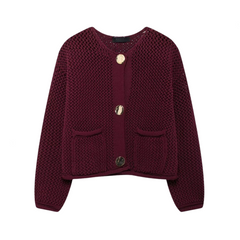 Solid Round Neck Long Sleeve Knitted Cardigan