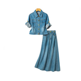 Pocket Single Breasted Denim Shirt + A-Line Denim Skirt Set